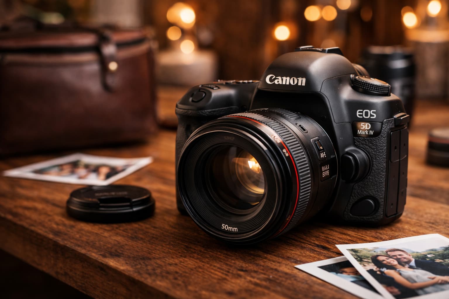 Camera with 50mm lens on wooden table